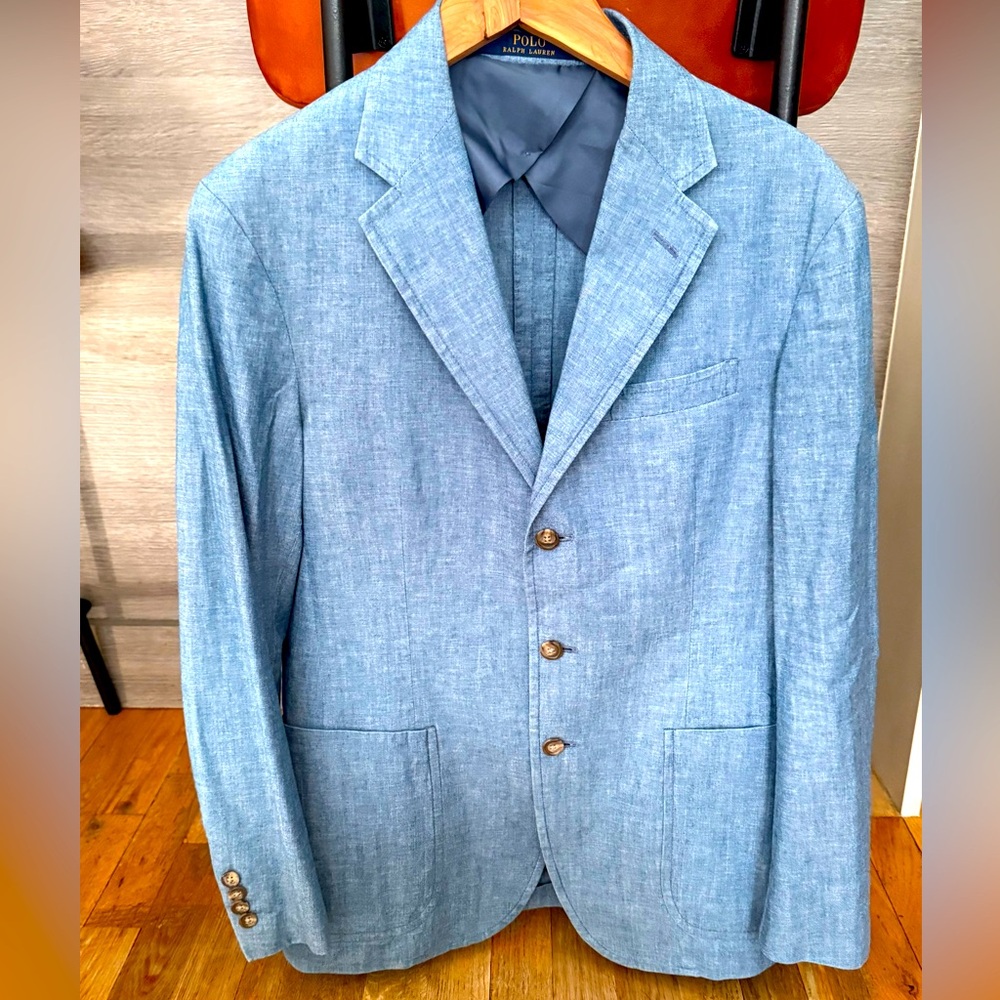 Polo Ralph Lauren blue cotton chambray slim fitnotched lapels sports coat -38 R